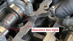 The rounded exhaust valve pocket and elevated intake manifold pressure come together like puzzle pieces inferring excessive valve overlap. Due to this valvetrain’s configuration, valve clearances are adjusted by way of selectable shims. The appropriate shim was chosen, and the clearances were brought back to within specification. The driveability symptom vanished, expected manifold vacuum was restored, and the fuel trim values nearly zeroed.