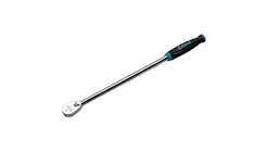 a ratchet with a long handle, soft blue handle, and chrome head