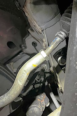 This bent outer tie rod was easily found during a visual inspection, but bent control arms, struts or other components are not always as easy to find.
