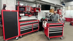 Salazar's tool cart holds his most-used tools, while the toolbox houses equipment he needs less often.